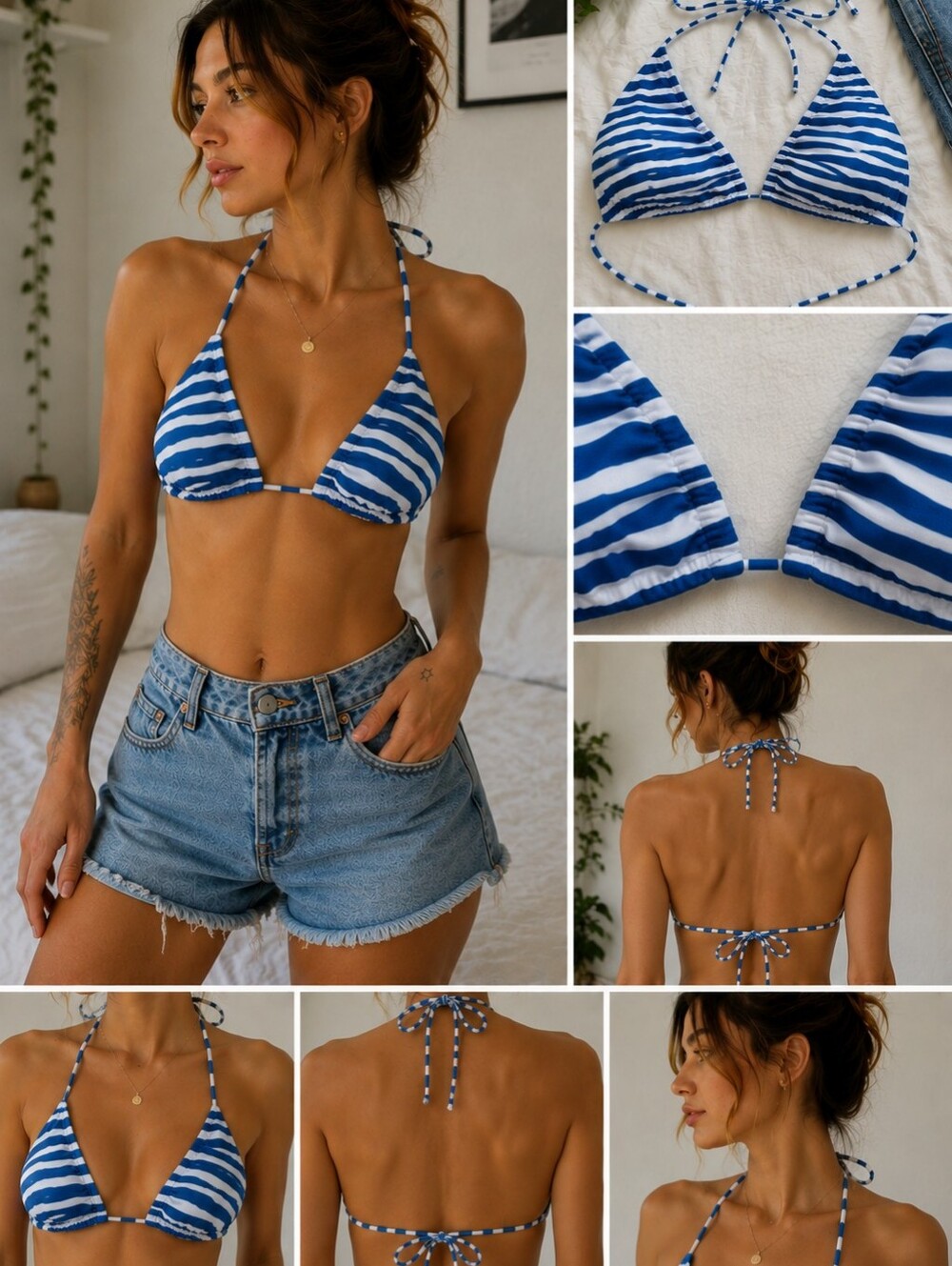 Unbranded Ladies Size Medium Blue and White Striped Triangle Bikini Top
